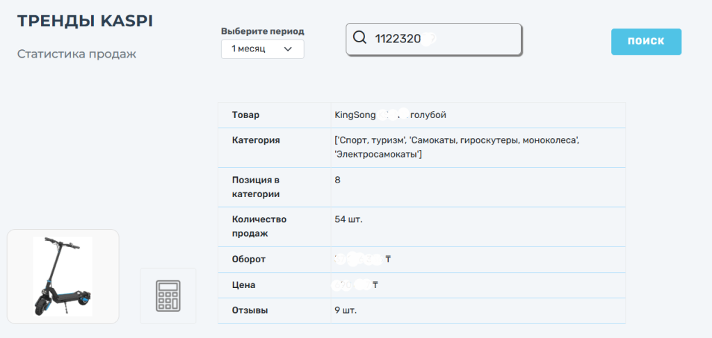 Статистика товара функция Каспи аналитики